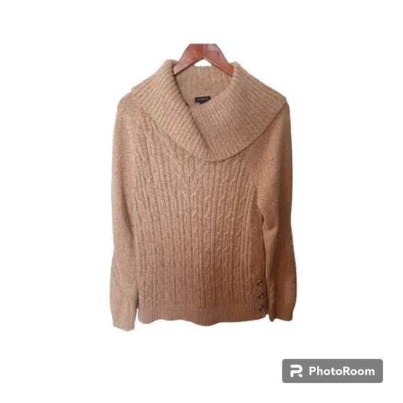 Talbots Women's Cable Knit Medium Cowl Neck Caramel Brown Sweater Long Sleeve - Picture 2 of 10